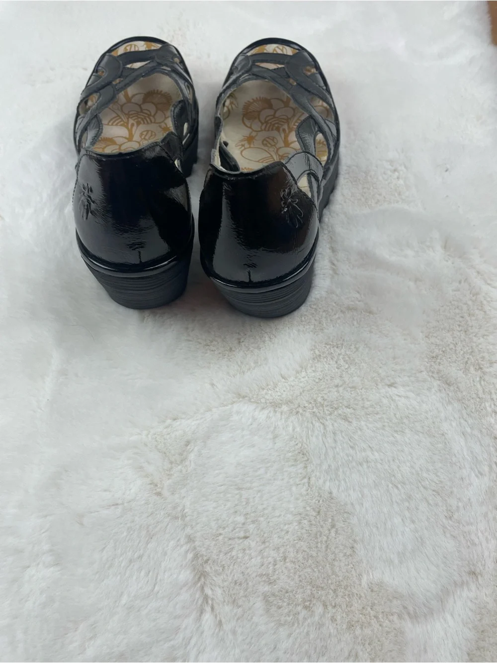 Fly London Black Patent Wedge Sandals Size 40